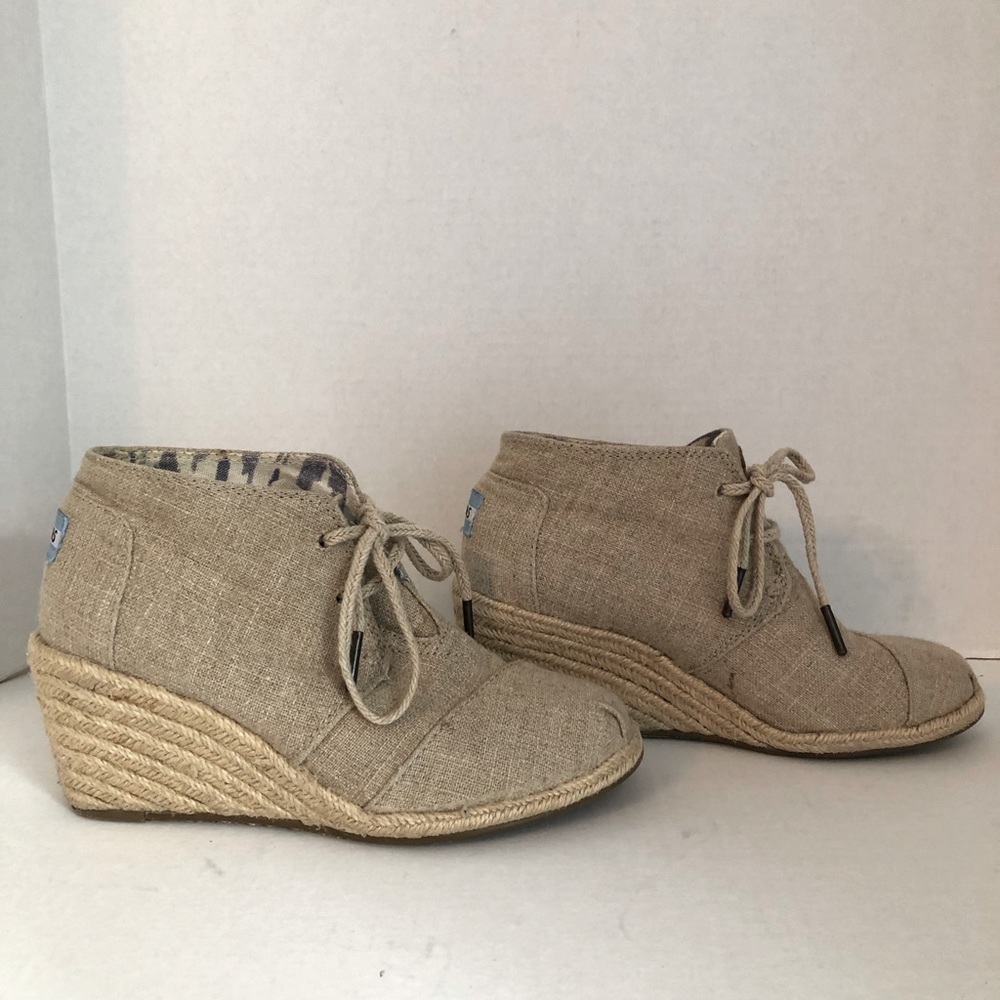 Toms, soft burlap/ canvas wedge booties.